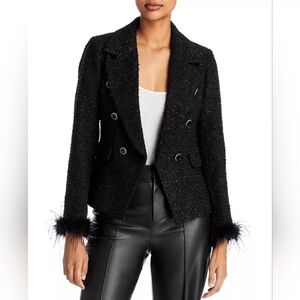 NWT Aqua Metallic Tweed Blazer With Feather Trim
